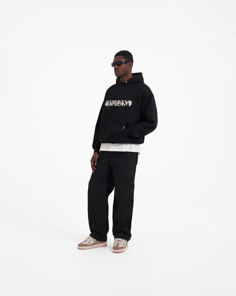 Pánské Mikina s Kapucí Represent Floral Initial Černé | CZ-MVHGW2574